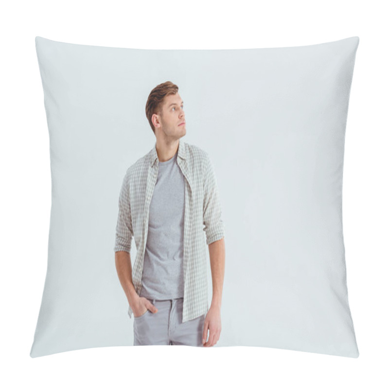 Personality  Handsome Man With Hand In Pocket Posing And Looking Away Isolated On Grey Pillow Covers