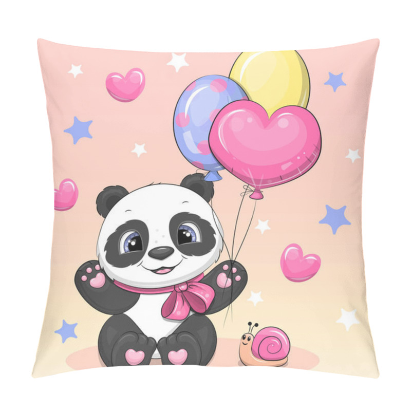 Personality  Cute Cartoon Panda With Balloons And Snail. Vector Illustration Of Animal On A Pink Background With Hearts And Stars. Pillow Covers