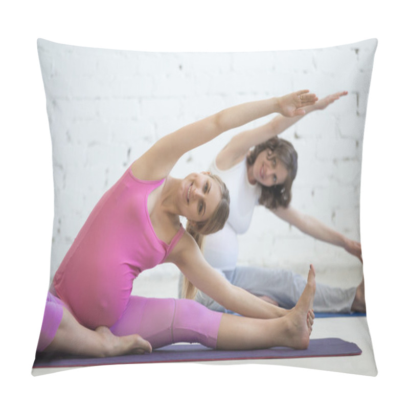 Personality  Pregnant Young Women Doing Prenatal Yoga. Head-to-Knee Forward B Pillow Covers