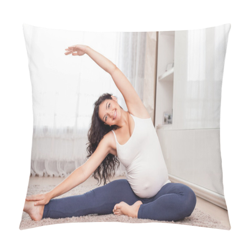 Personality  Cheerful Young Pregnant Woman Is Doing Exercise Pillow Covers