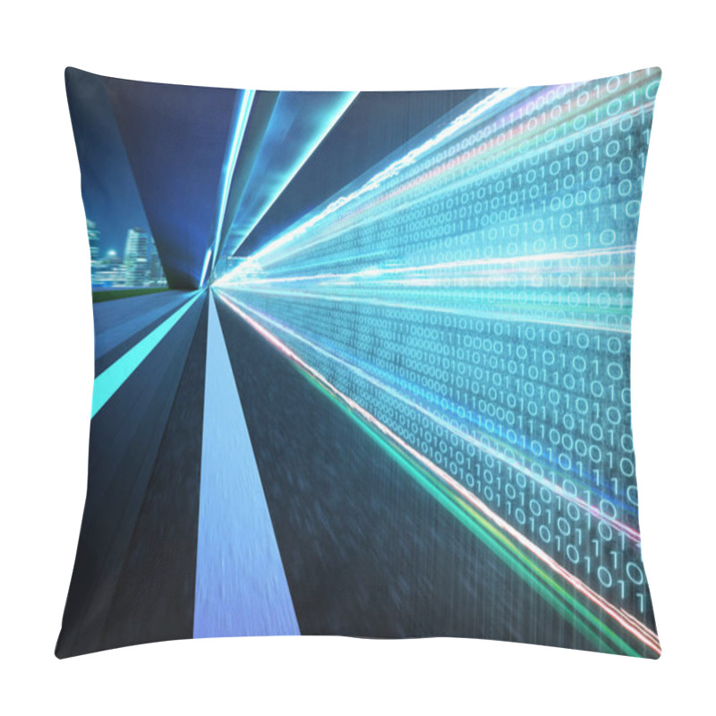 Personality  Tunnel Road With Binary Code Numbers On Motion Blurred Asphalt Road , Speed And Faster Digital Matrix Technology Information Concept . Pillow Covers