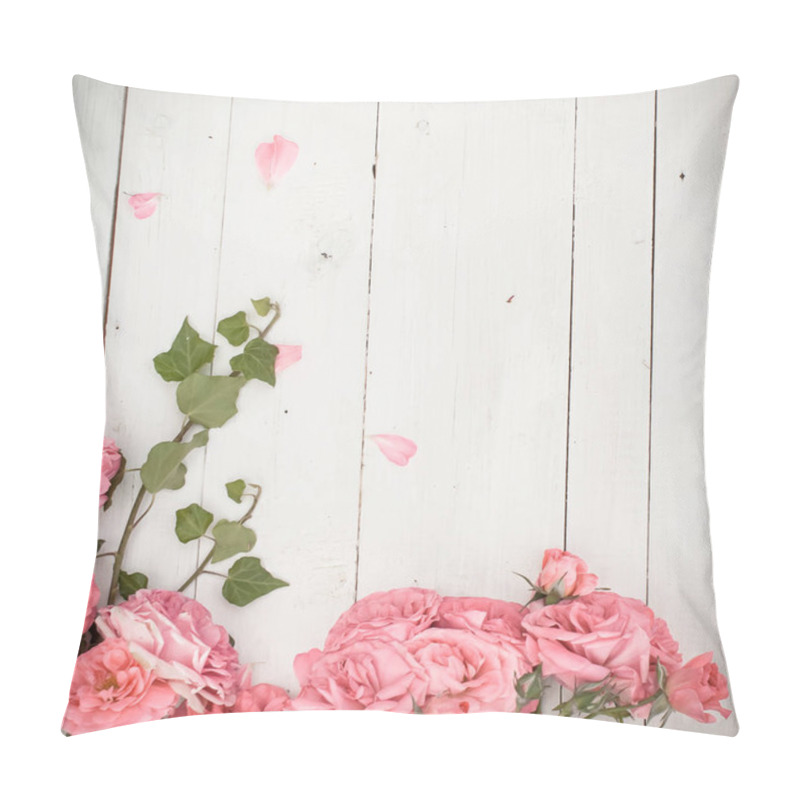 Personality  Romantic Pink Roses And Branches Of Ivy On White Wooden Background Pillow Covers