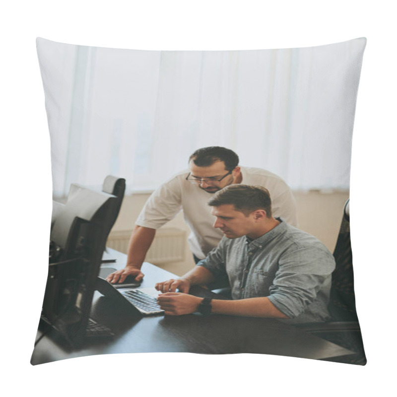 Personality  Portrait Of Two Professional Male Programmers Working On Computer In Diverse Offices. Modern IT Technologies, Development Of Artificial Intelligence, Programs, Applications And Video Games Concept Pillow Covers