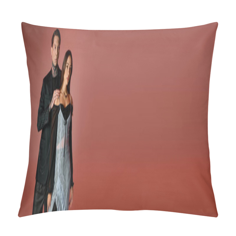 Personality  A Stylish Young Couple Stands Close, Showcasing Modern Fashion On A Warm Background. Pillow Covers