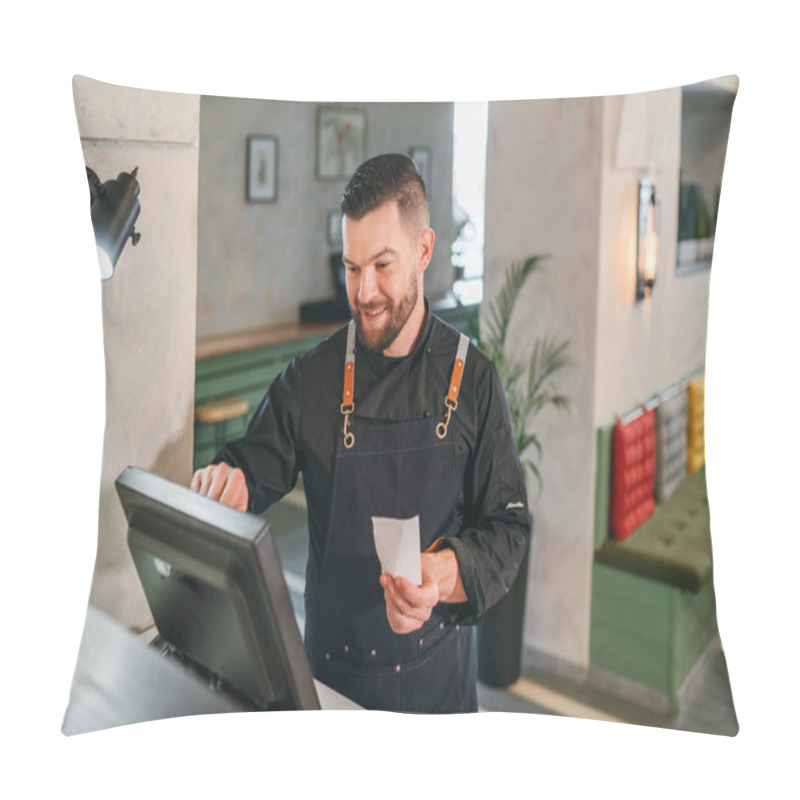 Personality  Stylish Bearded Smiling Waiter Dressed Black Uniform Processing Customer Orders Using Point Of Sale Order Terminal System Touch Screen. Successful People Teamwork, Restaurant Industry Concept Image. Pillow Covers