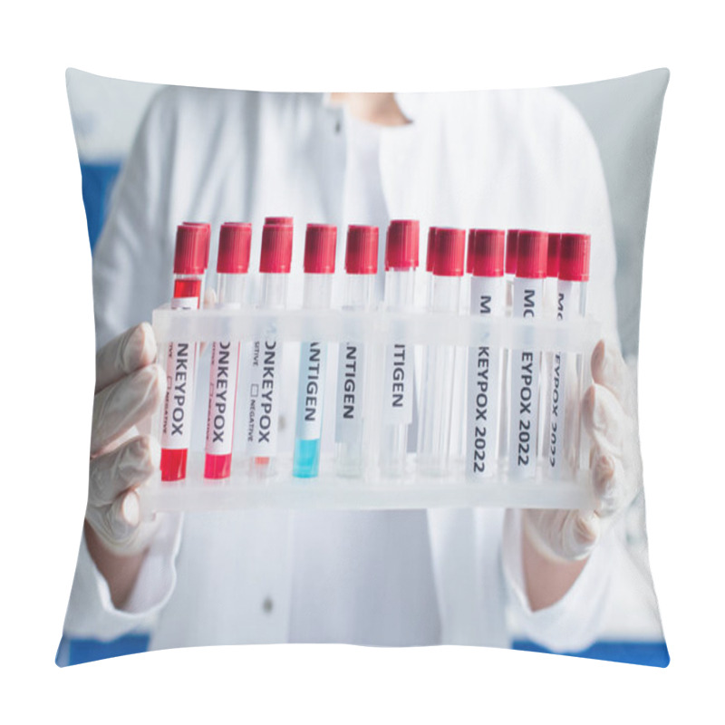 Personality  Cropped View Of Scientist In Latex Gloves Holding Test Tubes With Monkeypox 2022 Lettering In Lab  Pillow Covers