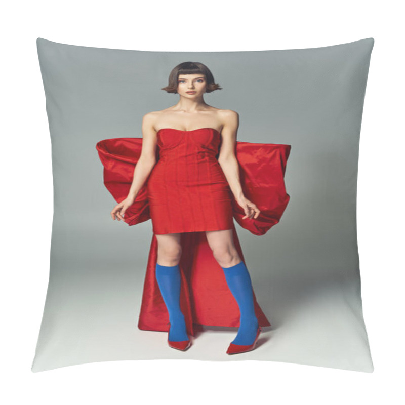 Personality  A Beautiful Woman Showcases A Bold Red Dress With An Oversized Bow. Pillow Covers