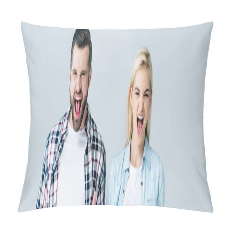 Personality  Panoramic Shot Of Man And Woman Shouting Isolated On Grey Pillow Covers