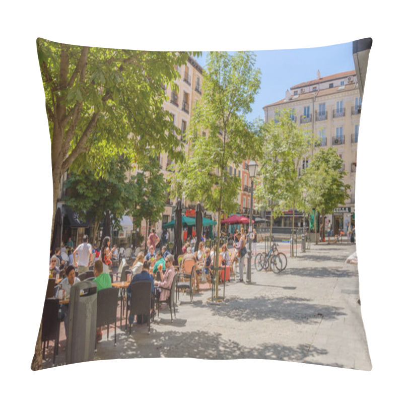 Personality  Castiza Chueca Square With Its Terraces Of Bars And Shops Cradle Of Gay Pride In Madrid. June 15, 2019. Madrid. Spain. Travel Tourism Holidays Pillow Covers