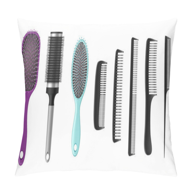 Personality  Hairbrushes And Combs Realistic Set. Isolated Hair Brushes, Barber And Hairdresser Tools Pillow Covers