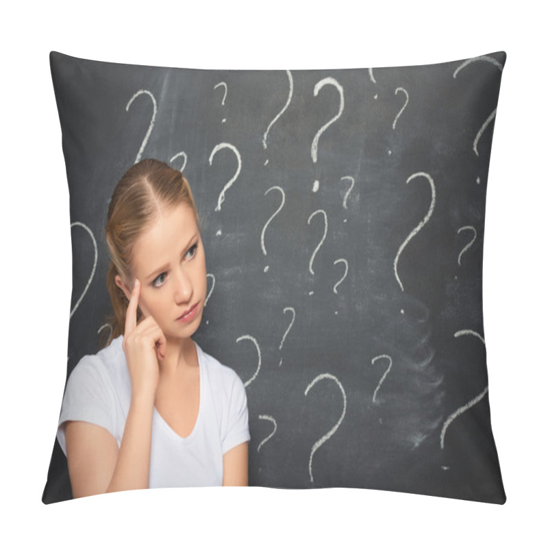 Personality  Concept Of Woman And Question Mark Drawn In Chalk On Blackboard Pillow Covers