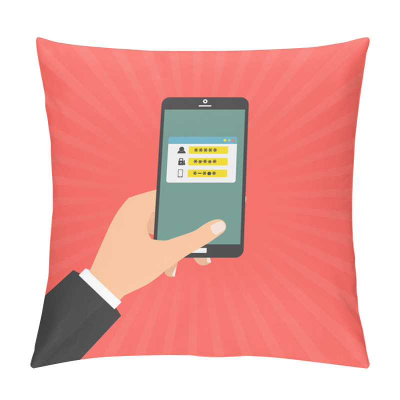 Personality  Human Hand Hold Smart Phone With Sms Code For Log On The System With Password Protected. Vector Illustration Computer Security With Two Factor Authentication Concept. Pillow Covers