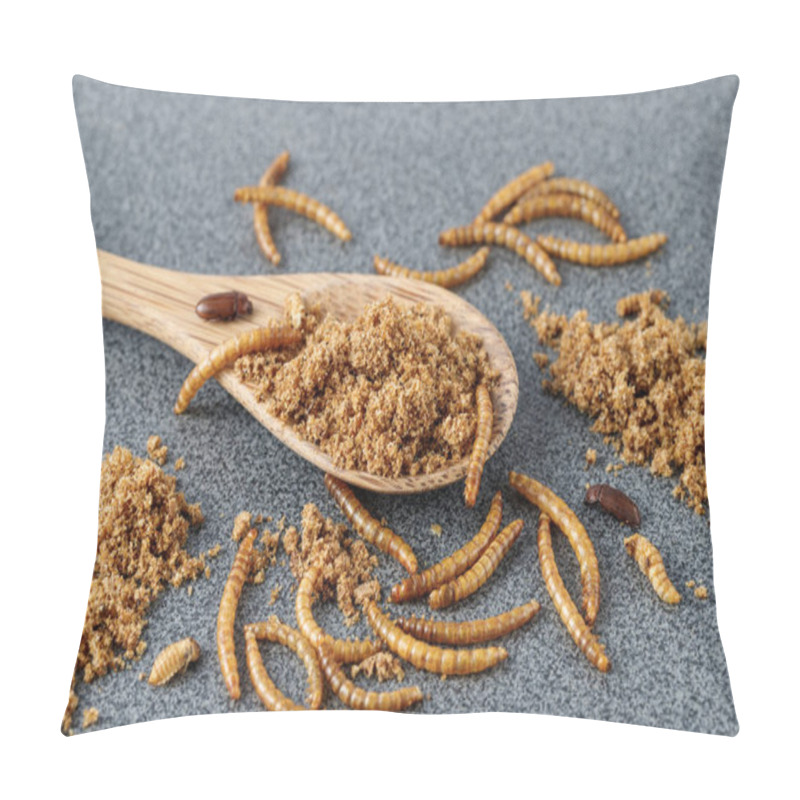 Personality  Powder Of Edible Mealworms In Wooden Spoon On Grey Granite Table. Larvae Of Tenebrio Molitor As Protein Ingredients Of Food. Pillow Covers