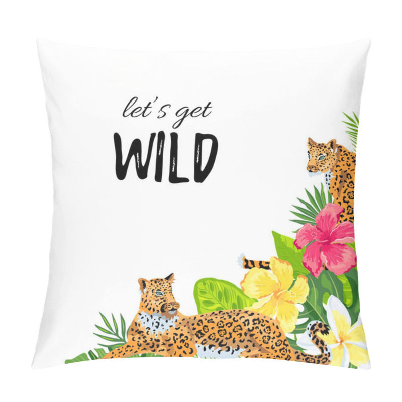 Personality  Leopards With Tropical Leaves, Flowers. Let's Get Wild. Place For Text. Vector Illustration For Flyer, Birthday, Tropical Party, Banner. Pillow Covers