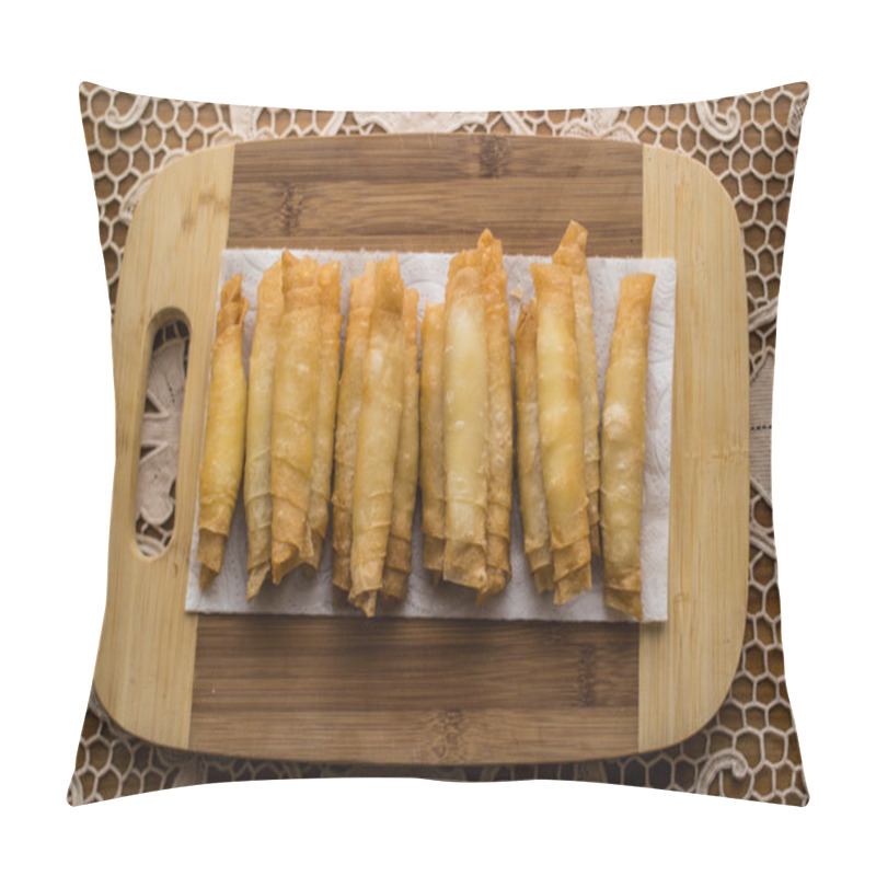 Personality  Sigara Boregi / Turkish Cigar Shaped Rolls On A Wooden Surface. Pillow Covers