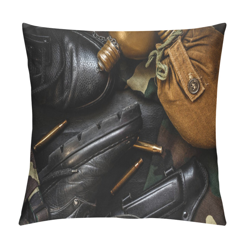 Personality  Military Camouflage Uniform And Boots. A Set Of Military Items Flask Gun On A Dark Background Pillow Covers