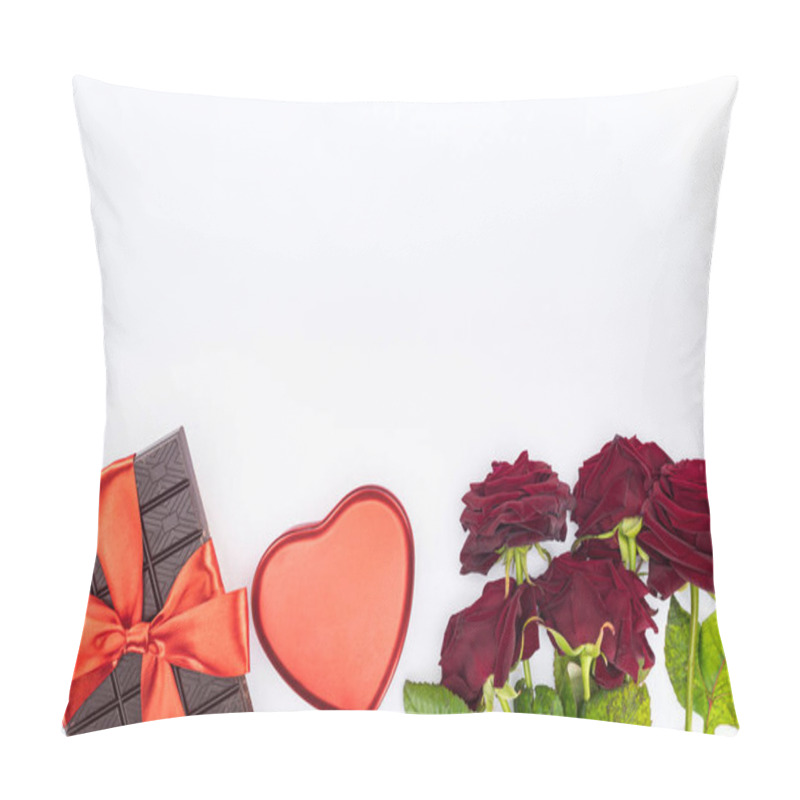 Personality  Elevated View Of Chocolate Wrapped By Festive Ribbon, Red Roses And Heart Shaped Gift Box Isolated On White, St Valentine Day Concept Pillow Covers