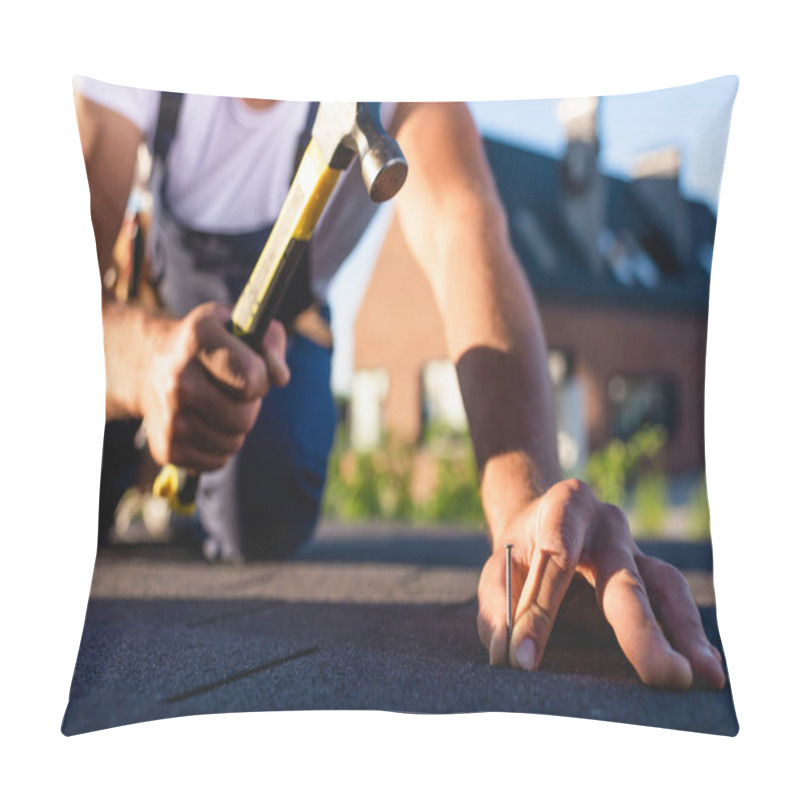 Personality  Cropped View Of Builder Holding Hummer And Nail While Repairing Roof Of Building  Pillow Covers