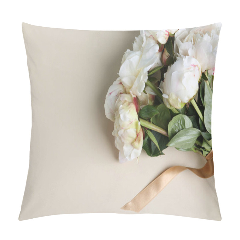 Personality  Bouquet Of Beautiful Peonies With Ribbon On Beige Background, Flat Lay. Space For Text Pillow Covers