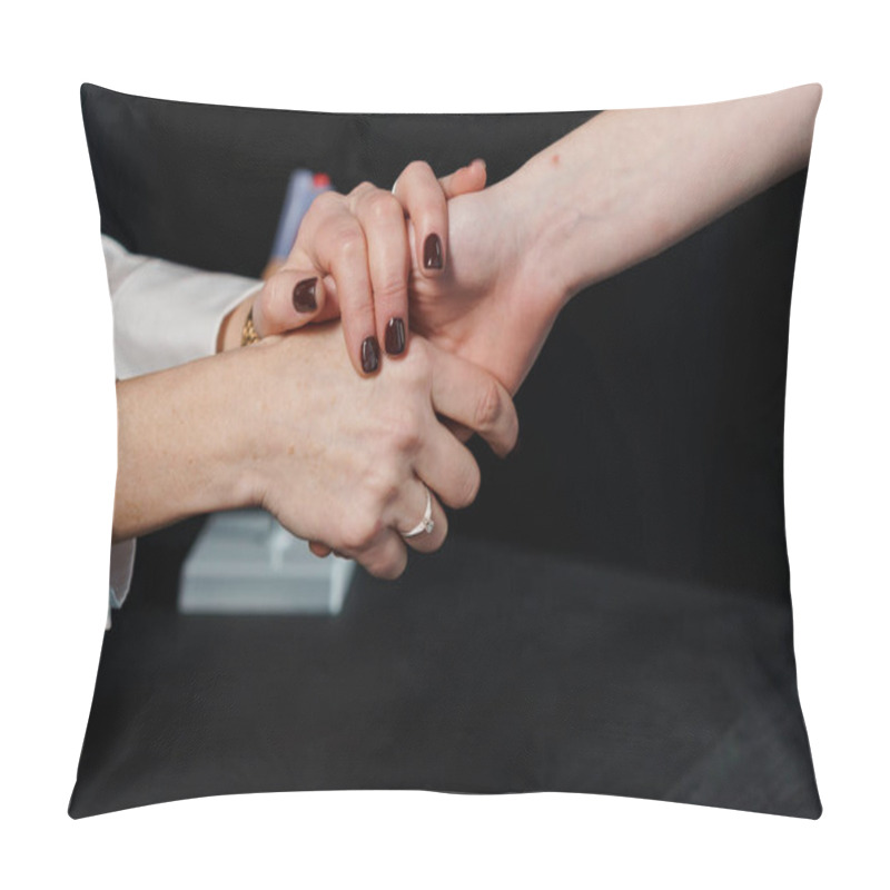 Personality  Close-Up Of A Handshake Between Two Individuals In A Professional Setting. Pillow Covers