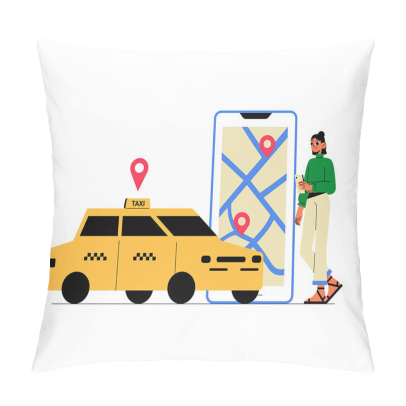 Personality  A Male Passenger Stands Beside A Yellow Taxi, Holding A Smartphone With A Map And Location Markers Displayed. The Scene Symbolizes Taxi Booking, Travel, And Navigation. Pillow Covers