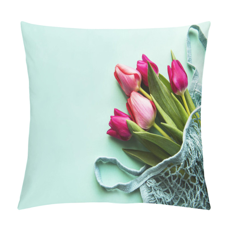 Personality  Spring Bouquet Of Pink Tulips In Eco Bag On A Pastel Green  Background. Copy Space, Flat Lay.  Pillow Covers