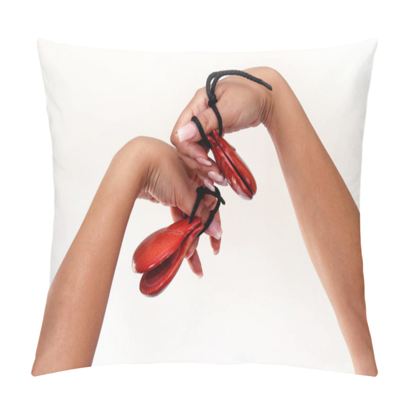 Personality  Spanish Castanets In The Hands On White Background, Close Up. Percussion Instrument Used In Flamenco, Sevillanas Dance In Spain, Isolated, Close Up. Hands Detail Of Flamenco Dancer With Castanets. Pillow Covers