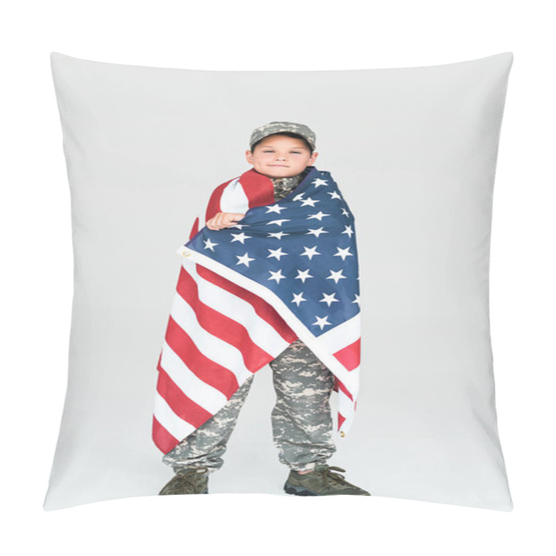 Personality  Boy In Military Uniform Covered With American Flag Looking At Camera On Grey Background Pillow Covers