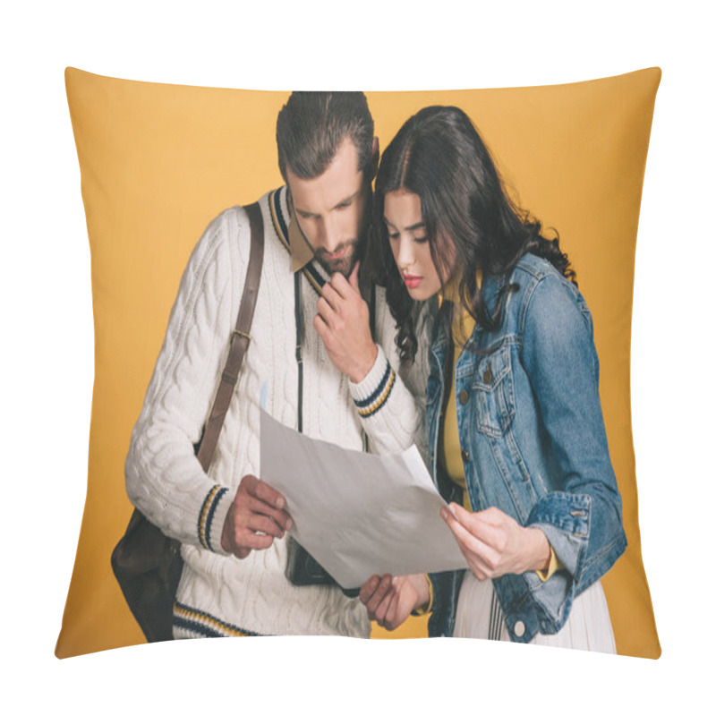 Personality  Couple Of Tourists Looking At Map Isolated On Yellow Pillow Covers