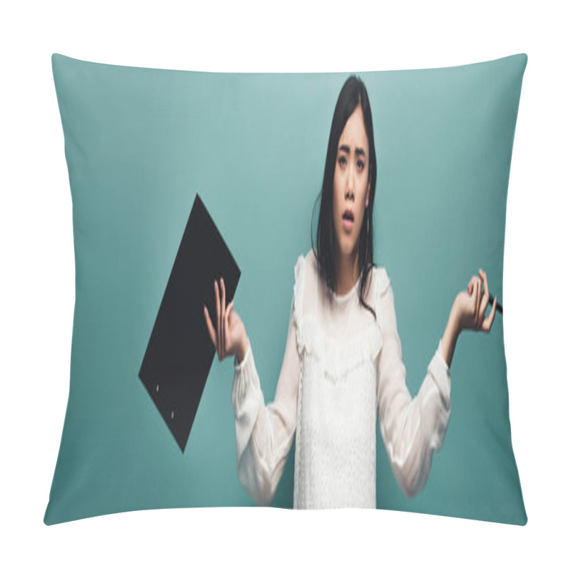 Personality  Indignant Asian Journalist In White Blouse Holding Clipboard On Green Background, Panoramic Shot Pillow Covers