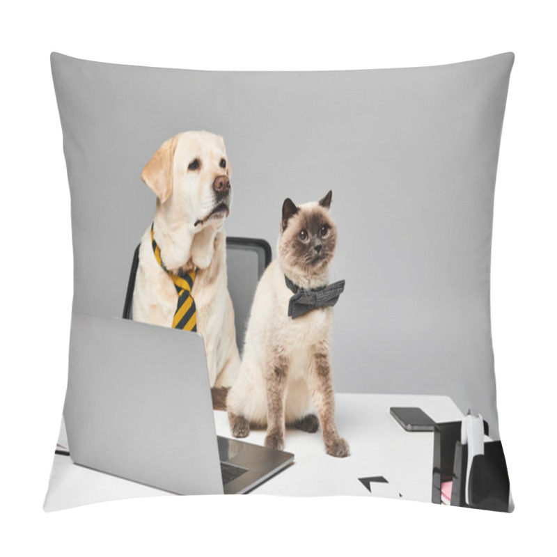 Personality  A Cat And A Dog Sit Together In Front Of A Laptop, Appearing To Edit Content Collaboratively On The Screen. Pillow Covers