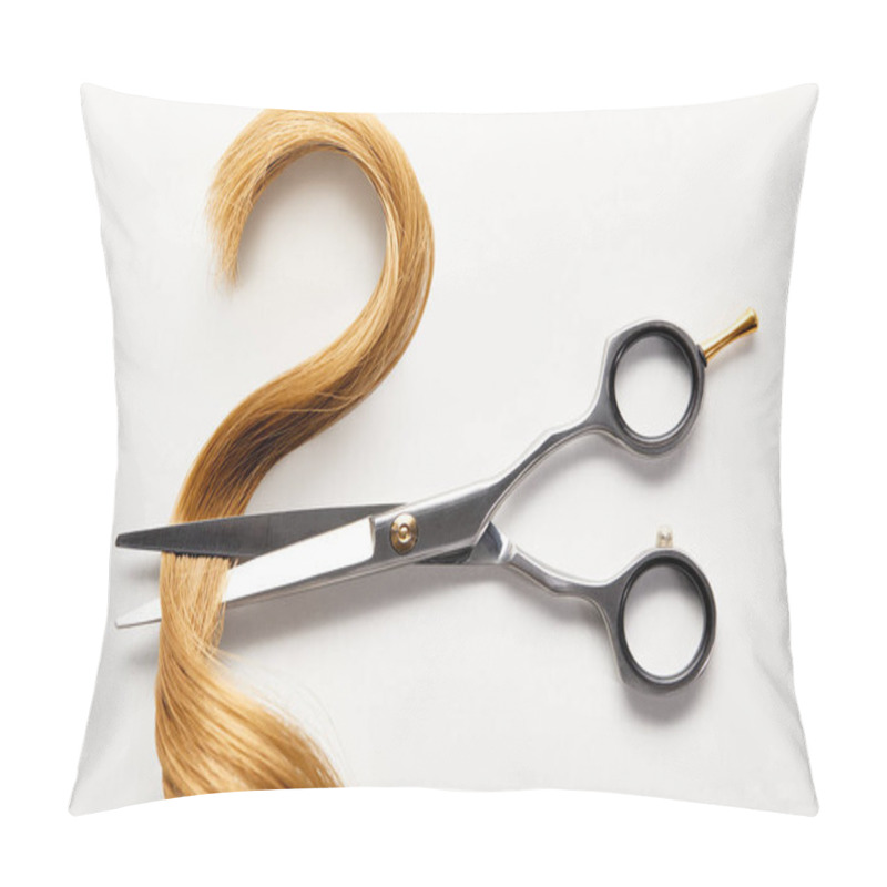 Personality  Top View Of Strand Of Brown Hair With Scissors On White Background Pillow Covers