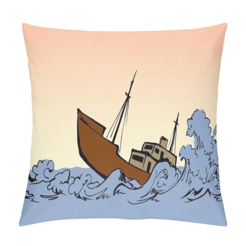 Personality  Ancient Wood Rusty Big Frigate Bottom Mast Remain On White Sky Text Space. Outline Black Hand Drawn Deep Maritime Sink Wind Problem Galleon Logo Sign Icon Sketch In Art Retro Doodle Cartoon Line Style Pillow Covers