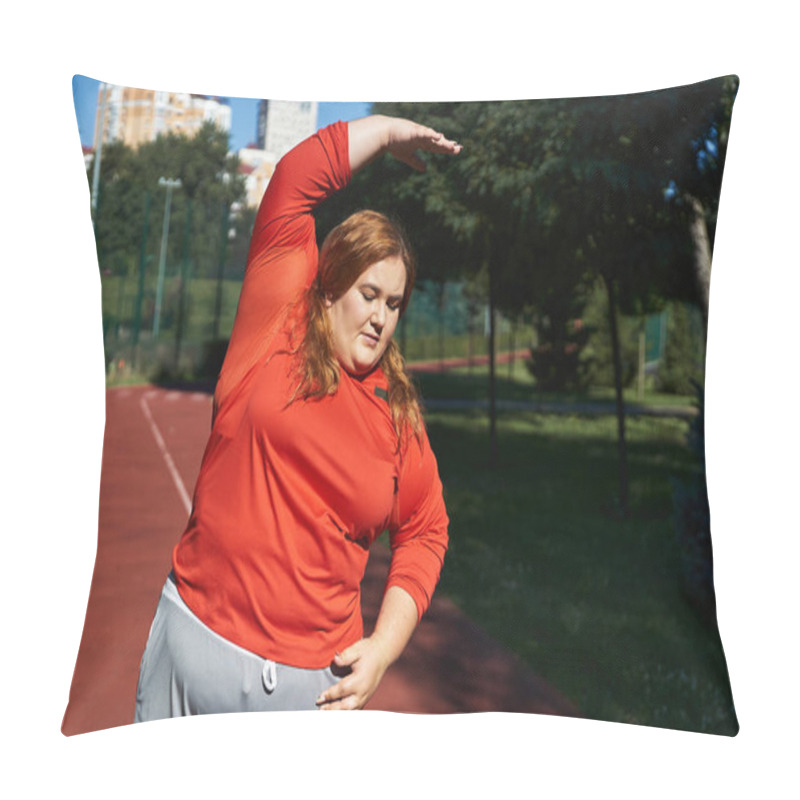 Personality  A Plus Size Woman Performs A Stretching Exercise Outdoors In The Park. Pillow Covers