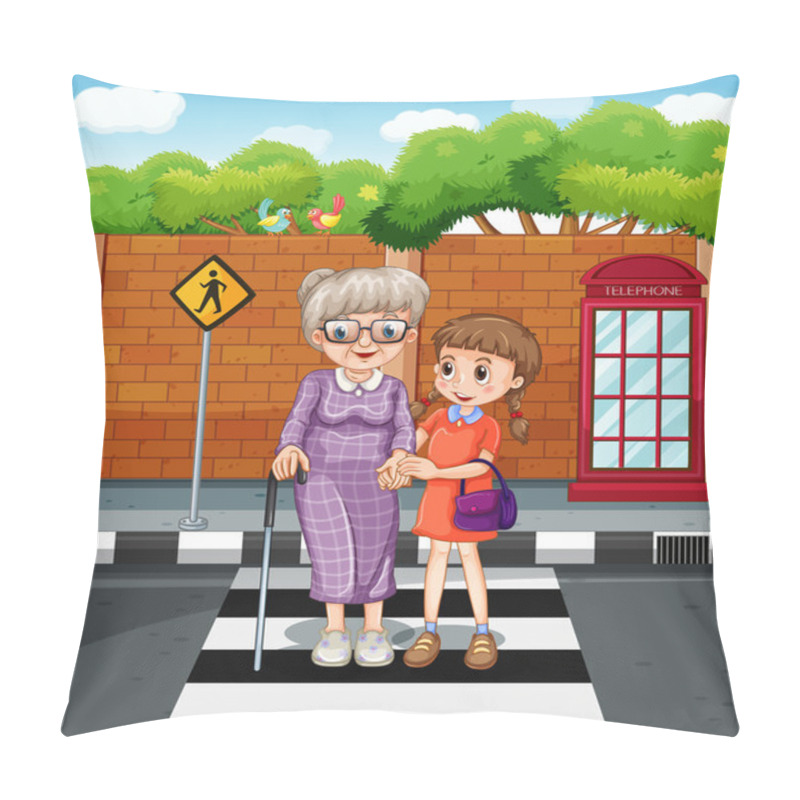 Personality  Girl And Old Lady Crossing The Road Pillow Covers