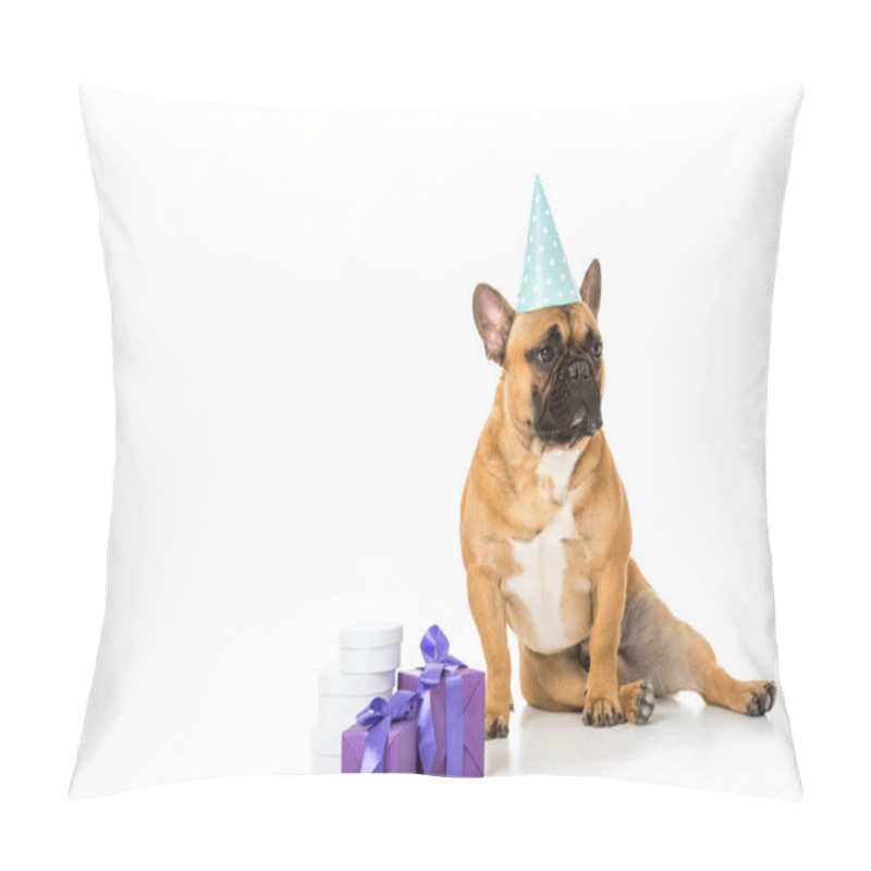 Personality  French Bulldog In Party Cone Sitting Near Wrapped Gifts Isolated On White Pillow Covers