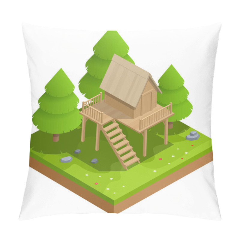 Personality  Isometric Wooden House In The Forest On The Background Of Fir Trees. Summer Family Vacation. Tree House In The Evening Garden Pillow Covers