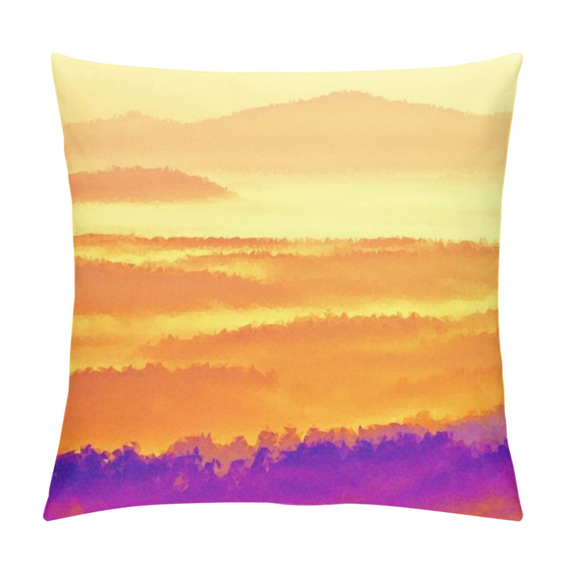 Personality  Low Poly.  Misty Awakening In A Beautiful Hills. Peaks Of Hills Are Sticking Out From Fog Pillow Covers