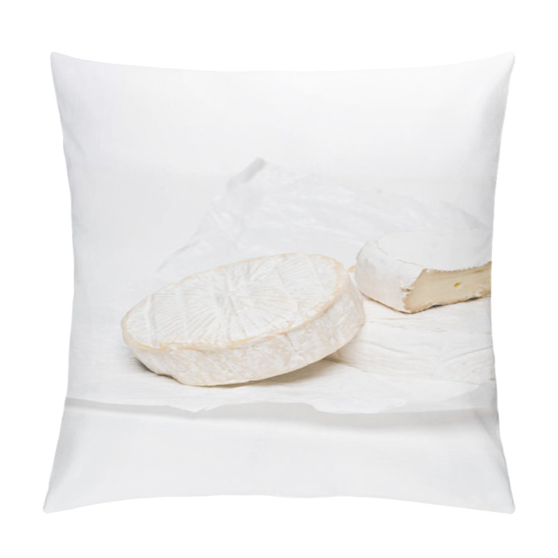 Personality  Close-up Shot Of Tasty Brie Cheese On Crumpled Paper And On White Surface Pillow Covers