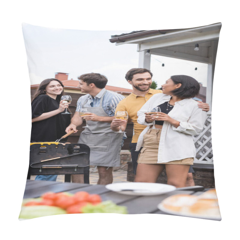 Personality  Positive Man Hugging Bi-racial Friend With Wine While People Making Barbecue Pillow Covers