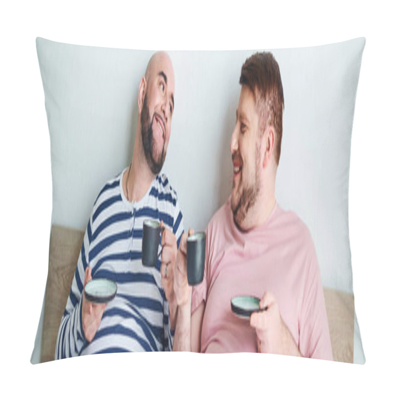 Personality  Two Men Sit On A Bed, Reflecting In Each Others Company, With A French Bulldog Nearby. Pillow Covers