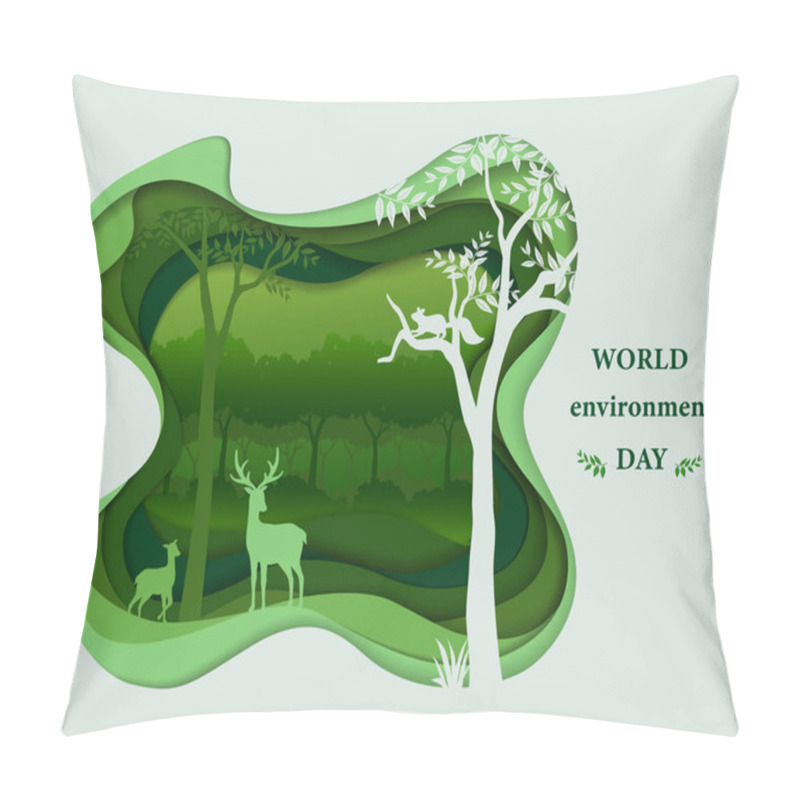 Personality  Eco Friendly Save The Environment Conservation Concept,Deer Family Silhouettes In Forest Landscape,Abstract Paper Art Scene In Depth Layer Background,vector Illustration Pillow Covers