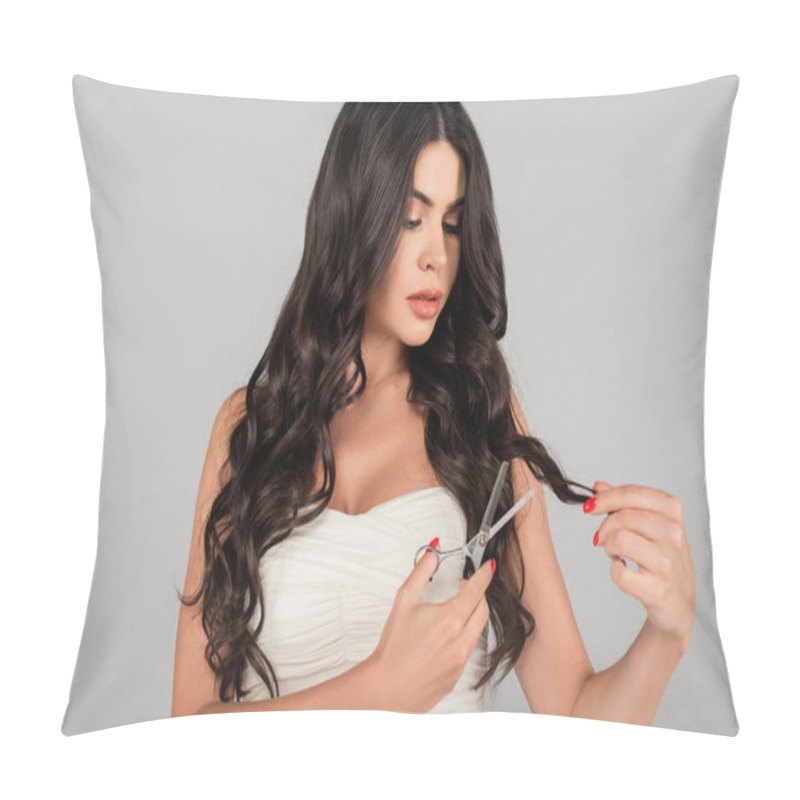 Personality  Brunette Woman In White Top Cutting Tips Of Long Hair With Scissors Isolated On Grey Pillow Covers