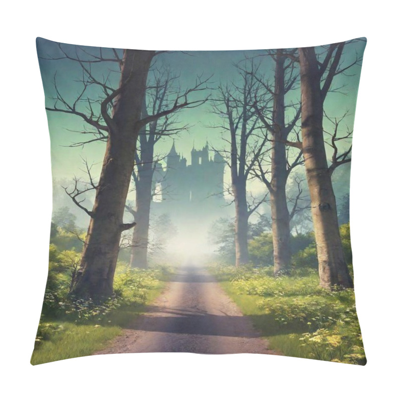 Personality  A High-resolution Digital Artwork Of A Mystical Forest Pathway Leading To An Ancient, Fog-shrouded Castle. The Path, Composed Of Earthy Dirt And Strewn With Faint Traces Of Footprints, Winds Through Lush Greenery And Wildflowers. The Gnarled Pillow Covers