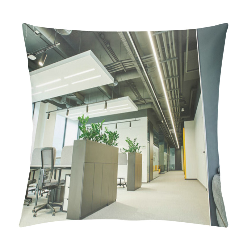 Personality  Spacious Open Space Office With Modern Furniture, Office Chairs, Work Desks, Green Natural Plants And Led Lighting, Workspace Organization Concept  Pillow Covers