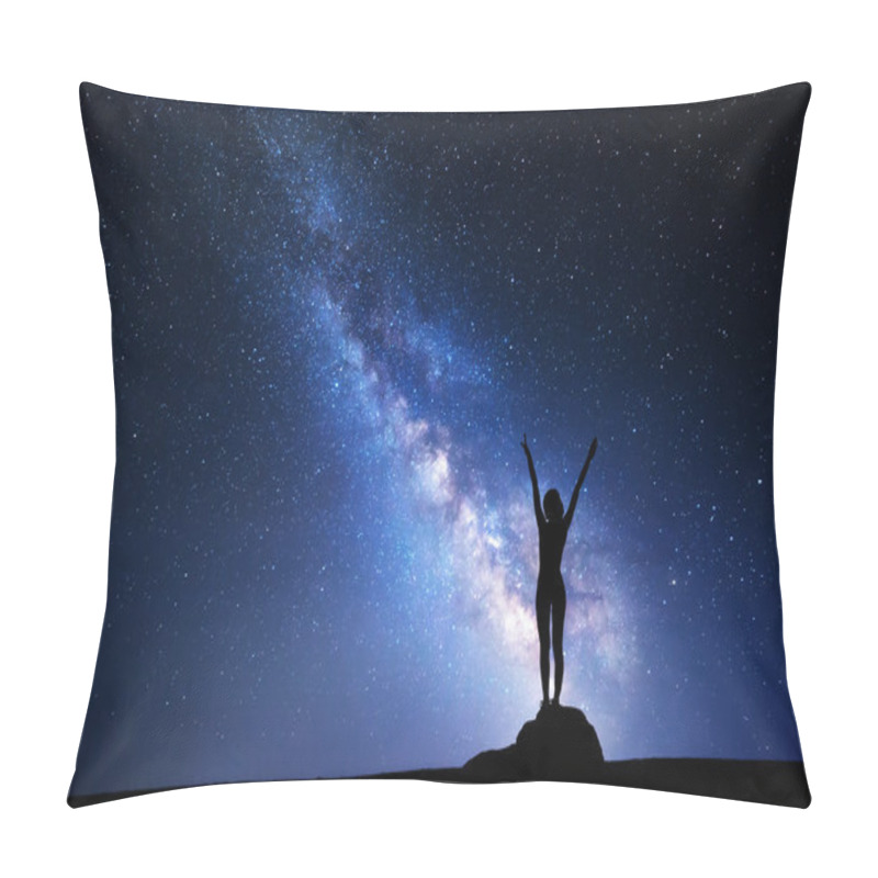 Personality  Milky Way. Night Sky And Silhouette Of A Standing Girl Pillow Covers