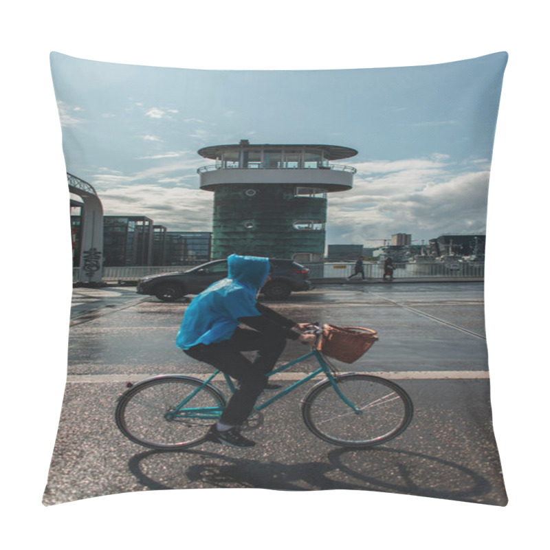 Personality  COPENHAGEN, DENMARK - APRIL 30, 2020: Side View Of Woman Cycling On Urban Street After Rain  Pillow Covers