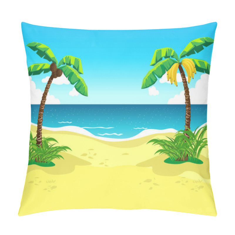 Personality  Tropical Beach With Palm Trees Against The Backdrop Of A Beautiful Landscape In A Cartoon Style. Summer Landscape Vector Horizontal Illustration Pillow Covers