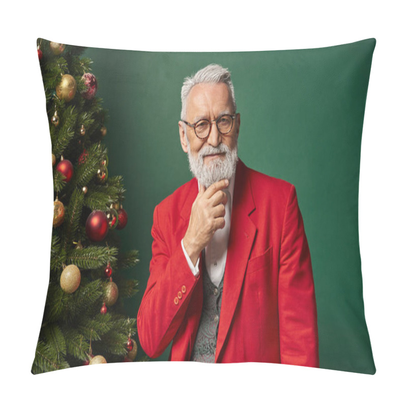 Personality  Jolly Santa In Glasses With Beard In Classy Suit Posing Near Tree With Hand On Chin, Winter Concept Pillow Covers