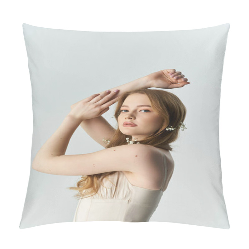 Personality  A Lovely Woman Showcases Her Beauty With Floral Accents In A Serene Moment. Pillow Covers